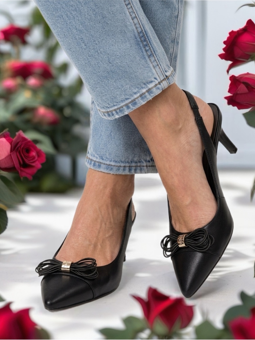 Black Pointed Slingback Pumps with Bow Accent